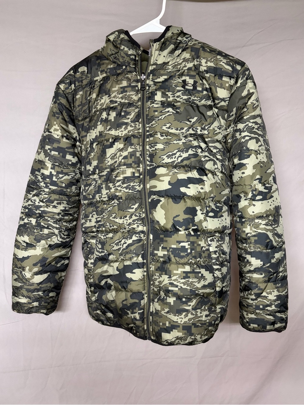 Under Armour Youth XL Reversible Puffer Jacket Green Camo & Fleece Coat